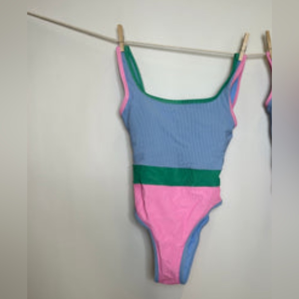 LainSnow Blue Pink Green Colorblock One-Piece Swimsuit
